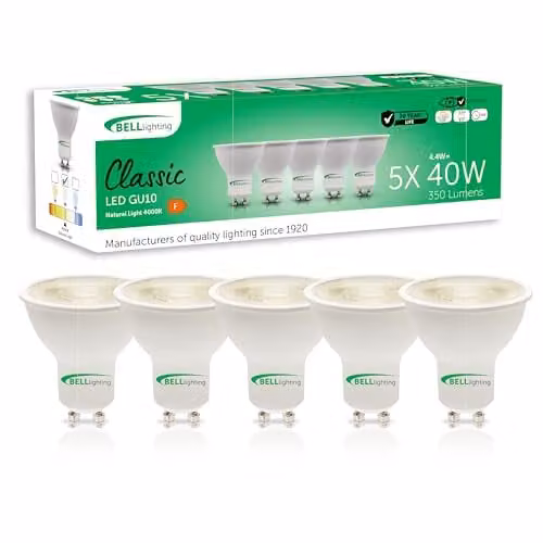 BELL Lighting GU10 Dimmable LED Spotlight Bulbs, 4.4W, 350lm, 4000K Cool White, Pack of 5 – 1