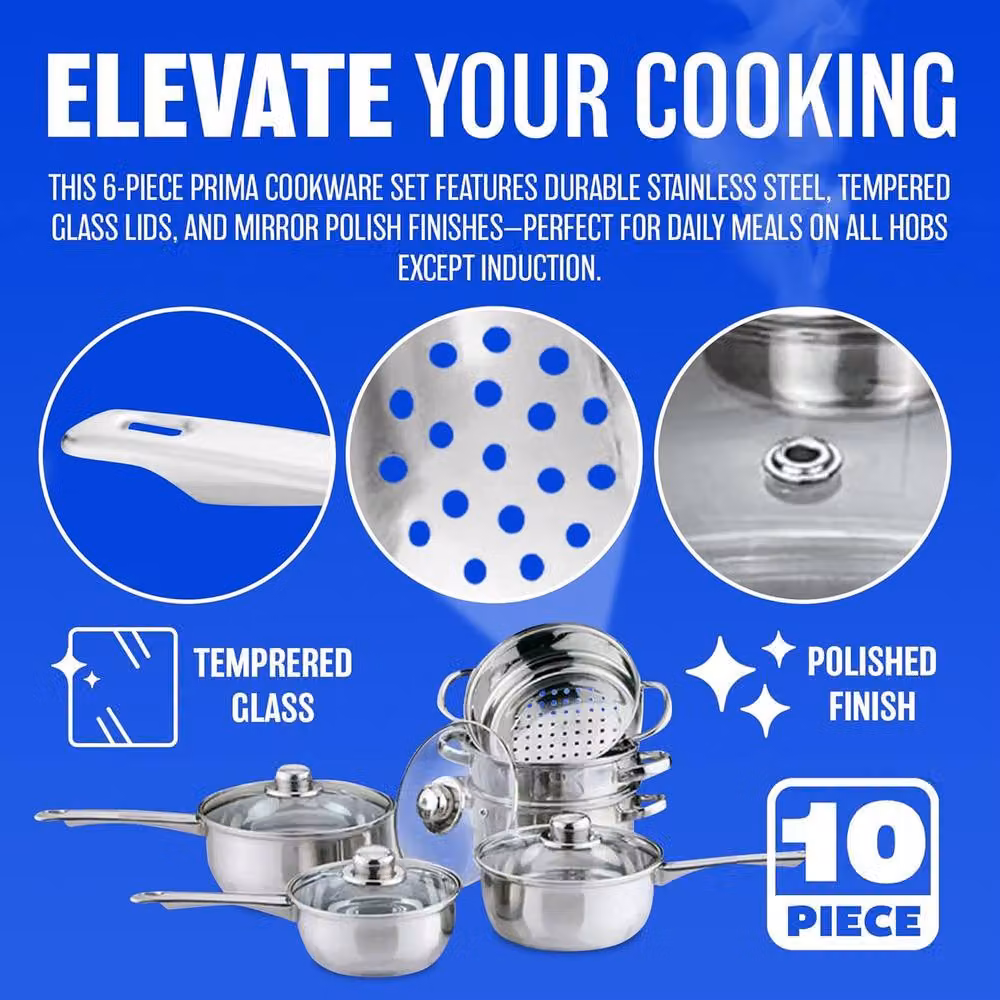 Prima 6-Piece Stainless Steel Cookware Set with Glass Lids in Silver – 3