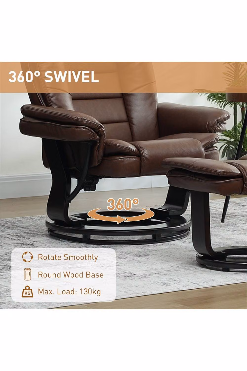 ERGOVEXA Brown Faux Leather 135 Degree Reclining Chair and Footstool Set – 3