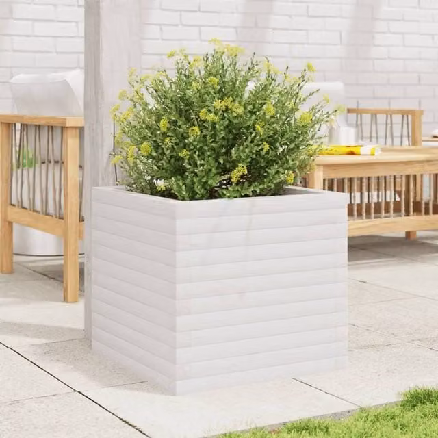 Berkfield Home White Decorative Garden Planter Tub, Solid Wood, W: 50 cm, D: 50 cm, H: 45.5 cm