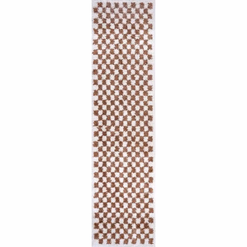 THE RUGS Moodi Chequered Shaggy High Pile Living Room Rug and Runner in Terracotta, W: 80 cm, L: 300 cm – 7