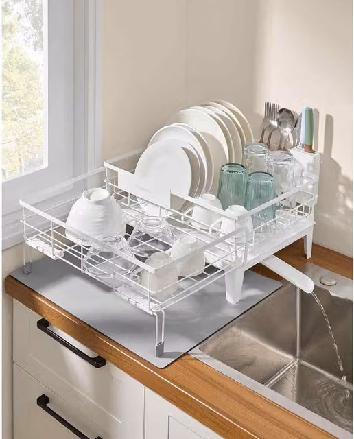 The Bazaarist Expandable Dish Drying Rack with Silicone Mat and Cutlery Holder, Matte White and Dove Grey