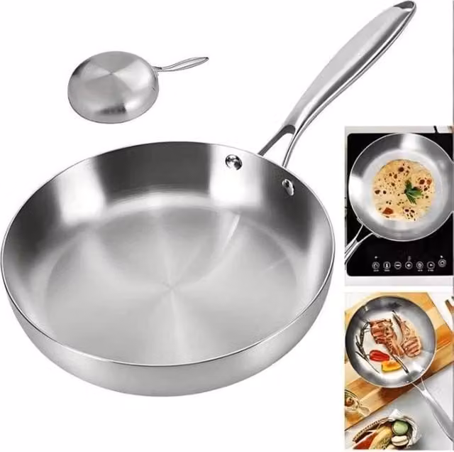 VOGREX Uncoated Stainless Steel Non-Stick Frying Pan with Removable Handle, Silver, 24 cm