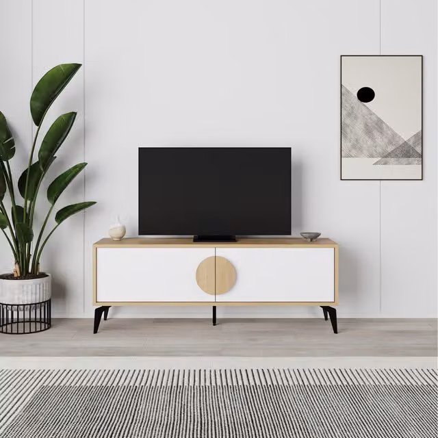 Decortie Gora Modern TV Unit with 2 Doors Storage Cabinet, Oak and White, W: 140 cm, H: 51 cm, D: 35.5 cm