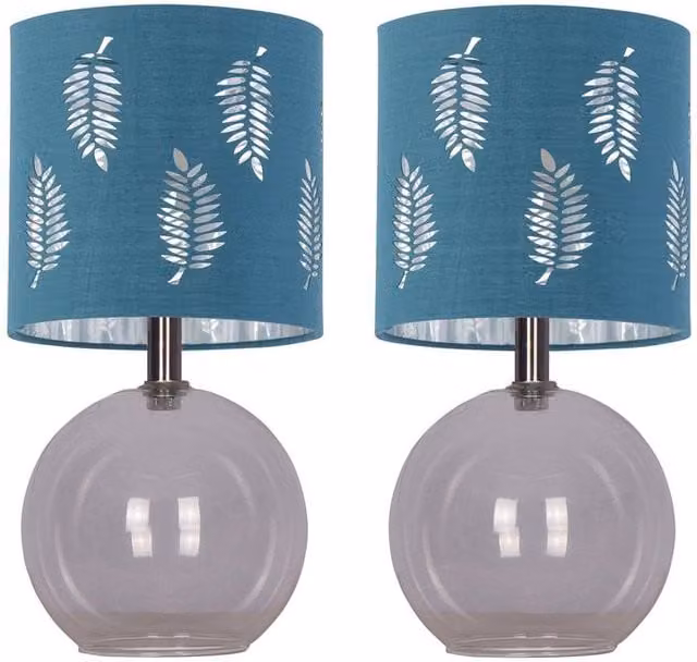 First Choice Lighting Buck Set of 2 Clear Glass Table Lamps with Teal Fabric Shades – 1