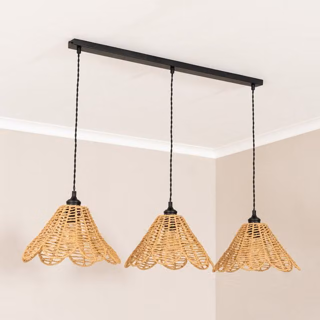 ValueLights Vine Rattan Flower 3 Drop Bar Pendant Ceiling Light in Black