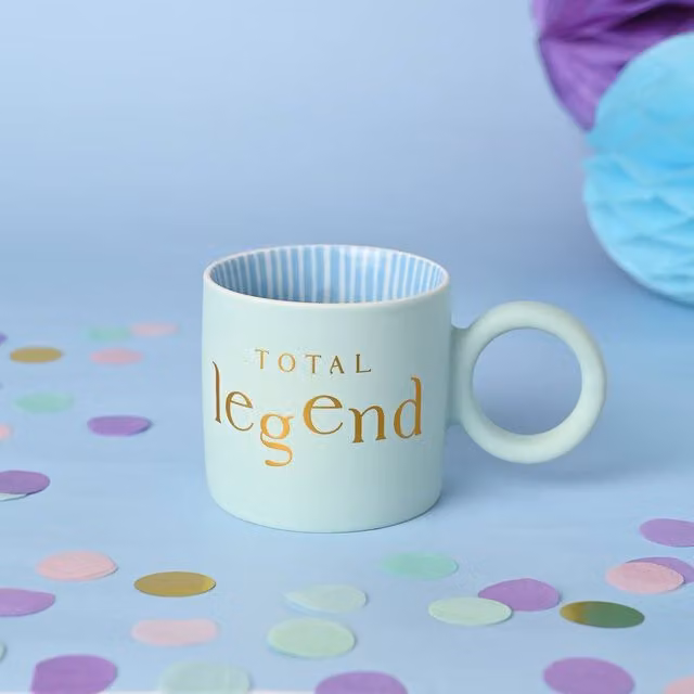 Confetti Total Legend Striped Mug in Light Blue and Gold – 1