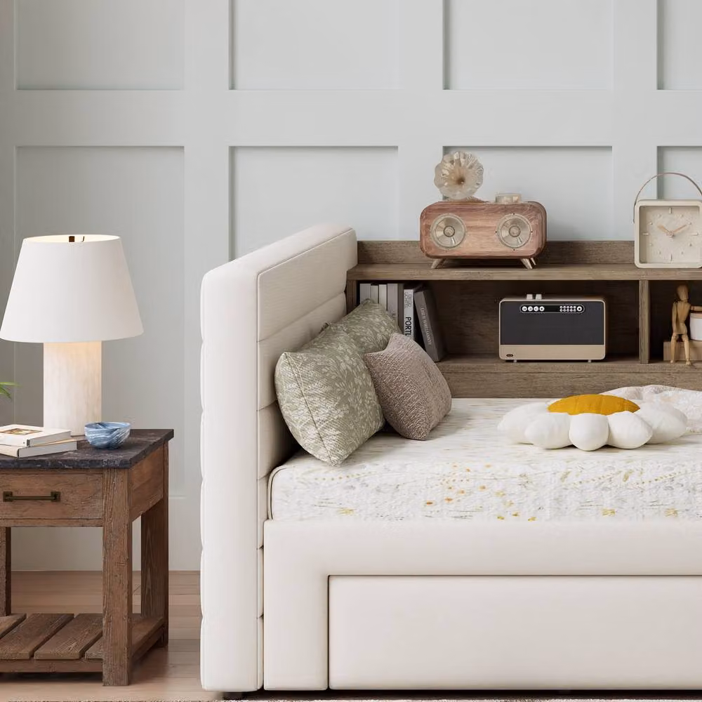 BTM Linen Upholstered Daybed with Trundle Storage Sofa Bed in Beige, W/D/H: 190 x 90 x 52.5 cm – 4