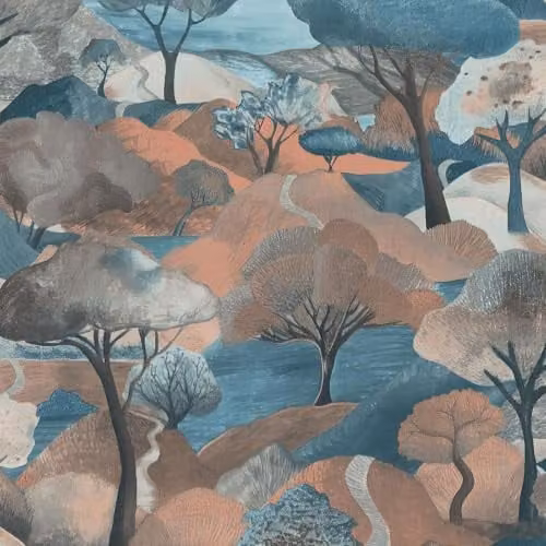 Erismann Gentle Landscape Fabric Effect Textured Vinyl Wallpaper in Petrol, Mocha and Multicolour – 1