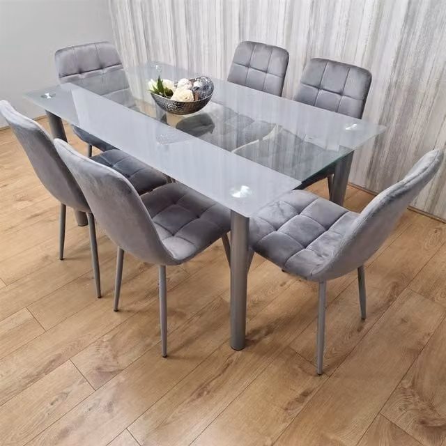 KOSY KOALA Modern Dining Set with Rectangular Grey Glass Table and 6 Grey Velvet Chairs in Brown – 1