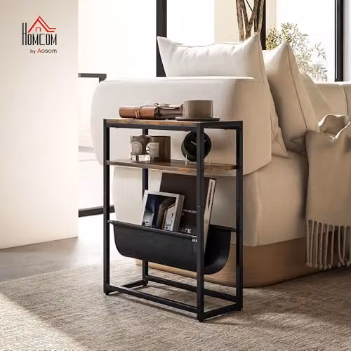HOMCOM Industrial Narrow Side Table with 3-Tier Storage, Brown and Black, W: 43 cm, D: 18 cm, H: 56 cm – 2