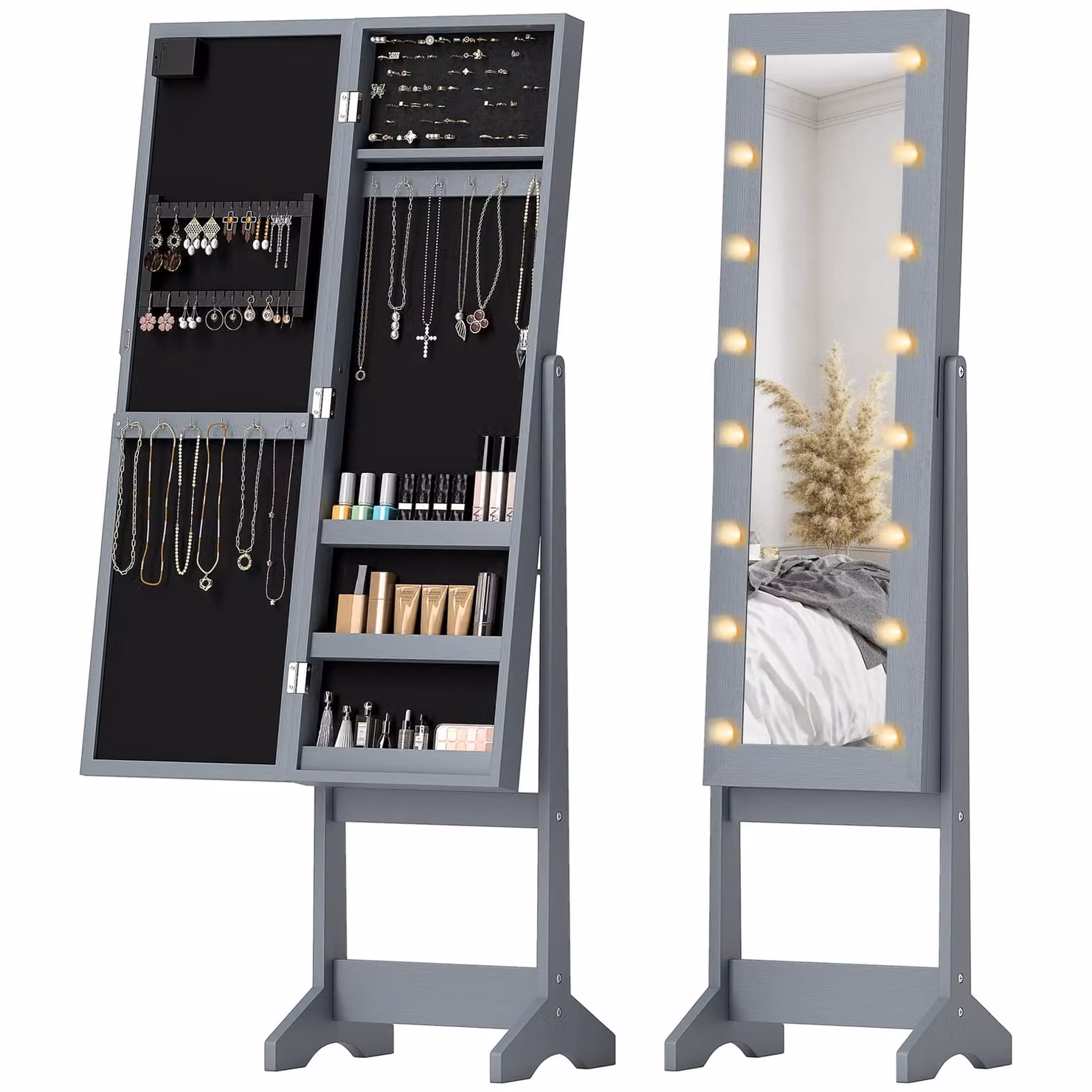 HOMCOM Free Standing Modern Grey Mirrored Jewellery Cabinet with Integrated LED Lighting and Internal Shelves – 1
