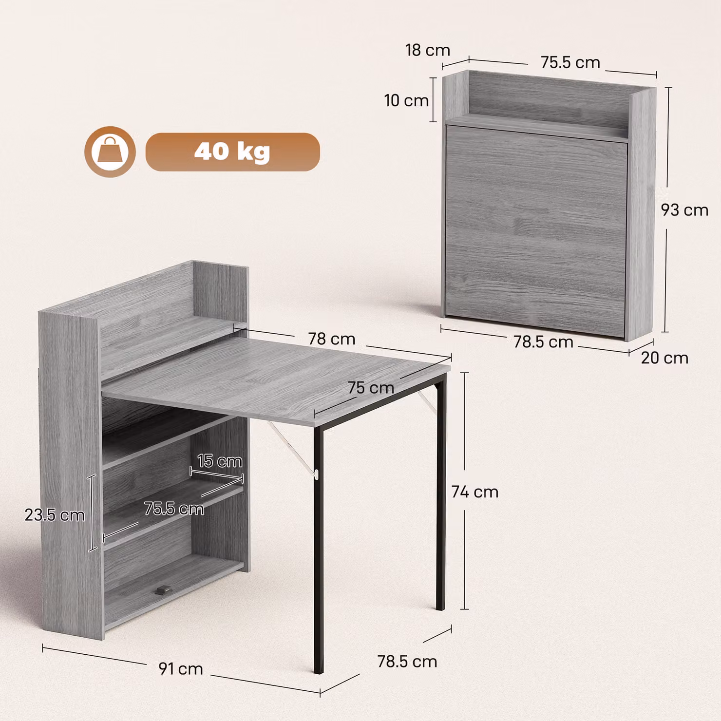 HOMCOM Modern Grey Wood Effect Folding Dining Table with 4-Tier Shelves and Butterfly Drop-Leaf Design – 3