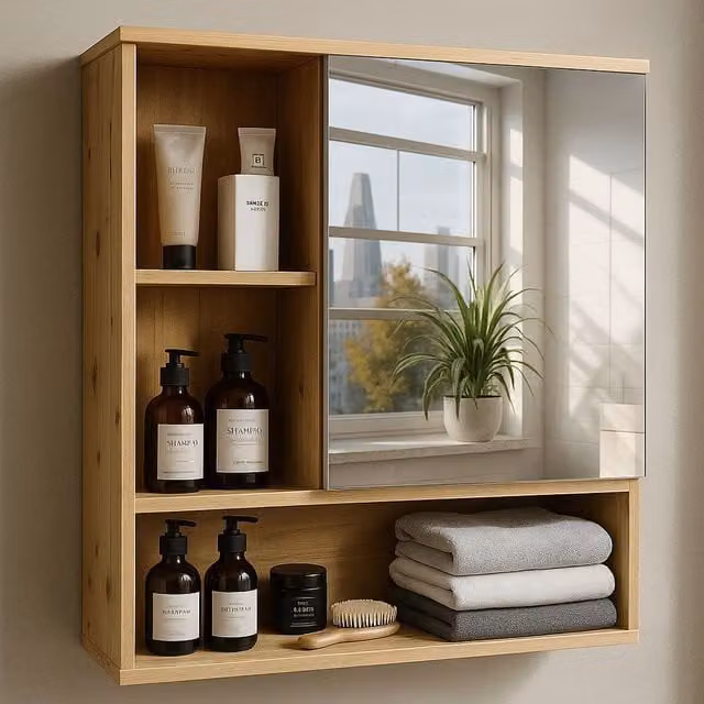 FURNOS Bamboo Wooden Wall Mounted Bathroom and Kitchen Storage Cabinet with Mirror and Soft Close Hinged Doors in Brown