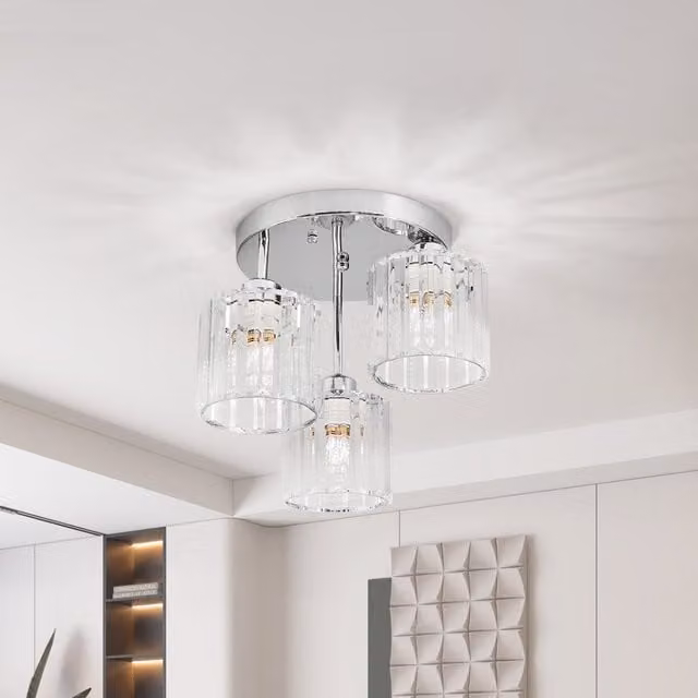Livingandhome 3-Light Chrome and Crystal Ceiling Light in Silver
