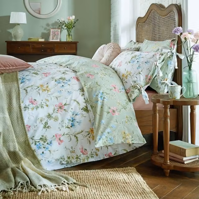 Laura Ashley Poppy Meadow Reversible Floral Cotton Duvet Cover and Pillowcase Set in Multicolour and Green