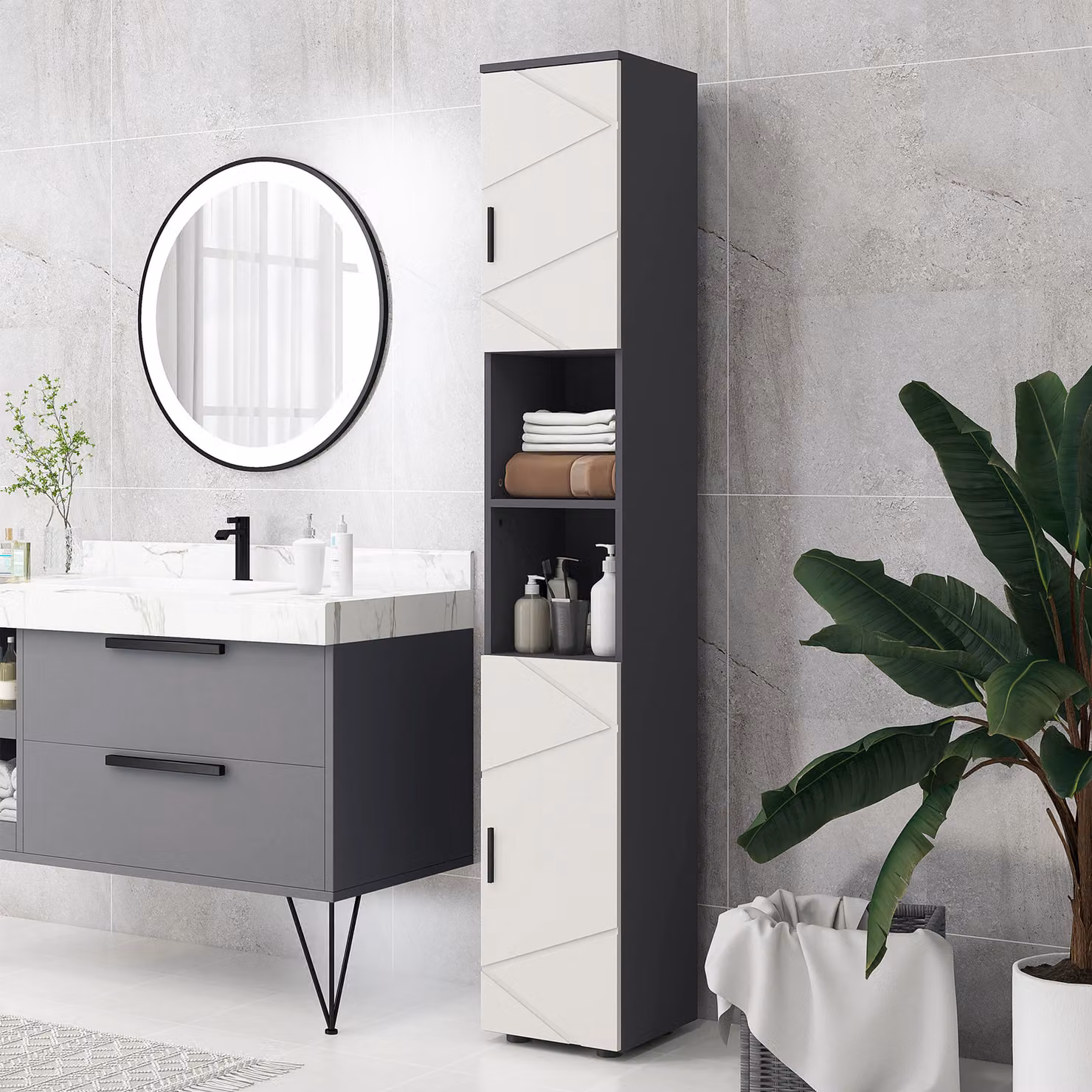 Kleankin Corner Bathroom Storage Cabinet with Soft Close Hinged Doors and Internal Shelves, Grey and White, H: 183 cm x W: 30 cm x D: 23 cm – 6