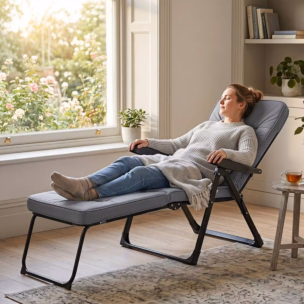 Gymax Foldable Garden Sun Lounger with Adjustable Headrest and Armrests in Grey – 4