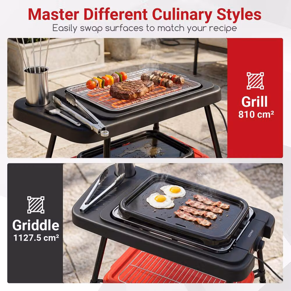 Costway 1500W 2-in-1 Electric BBQ Grill with Detachable Stand and Dual Plates, Black – 4