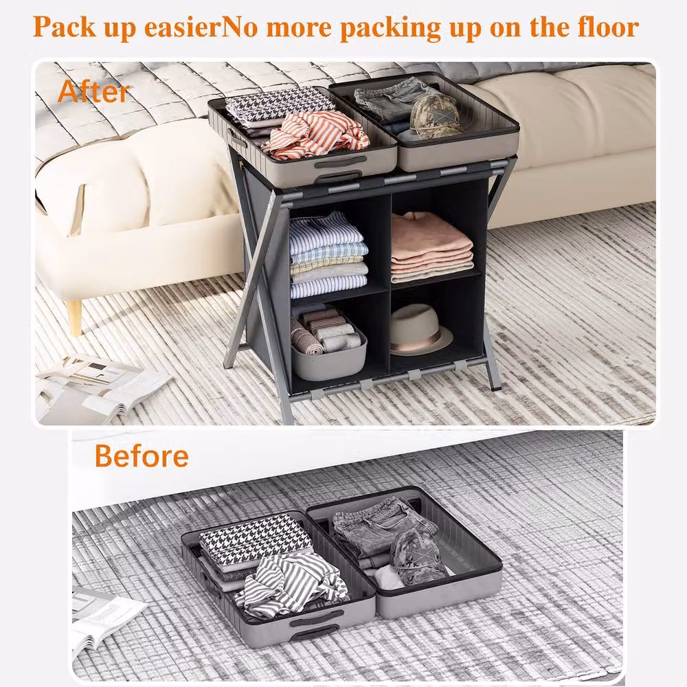 Huhote 2 Tier Metal Folding Luggage Rack with Storage in Grey – 6