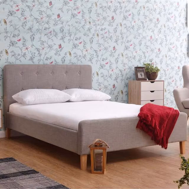 GFW Ashbourne Retro Upholstered Fabric Bedframe, Grey, 140 x 200 cm