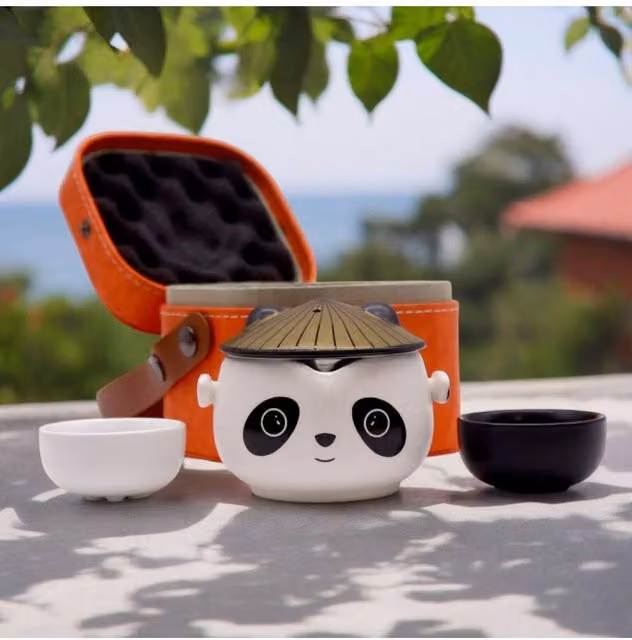 KDMD Kung Fu Panda Ceramic Teapot Set with 2 Cups, Infuser and Travel Case in Gold, Orange and White – 1