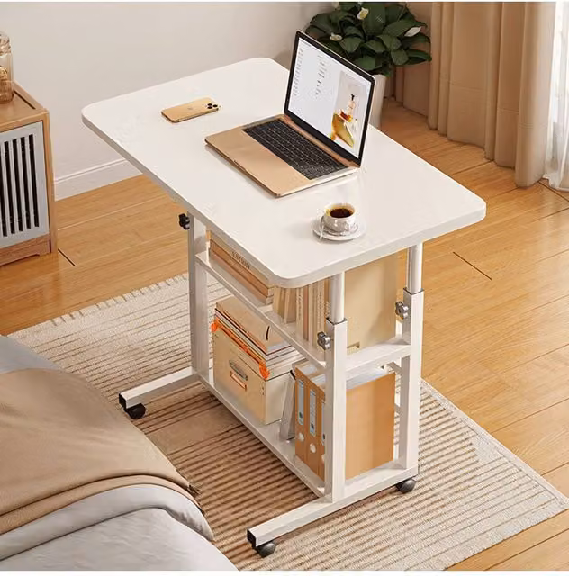 Living and Home 3-Tier Height Adjustable Mobile Overbed Desk with Shelves and Castors in White