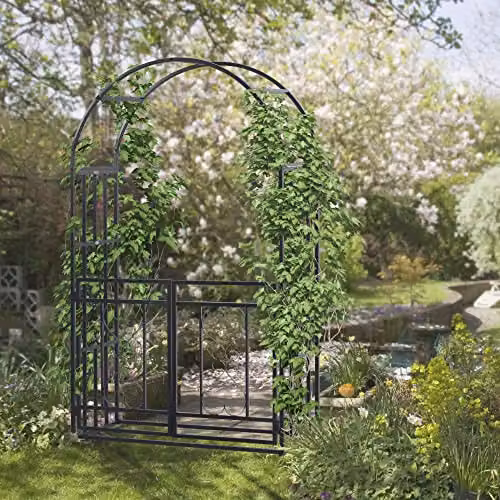 Outsunny Metal Garden Arch with Double Gates and Trellis for Climbing Plants, Grey, H: 206 cm, W: 114 cm, D: 50 cm – 2