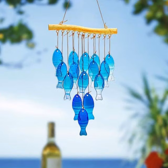 Quipulse Blue Fish-shaped Glass and Metal Hanging Wind Chime – 1