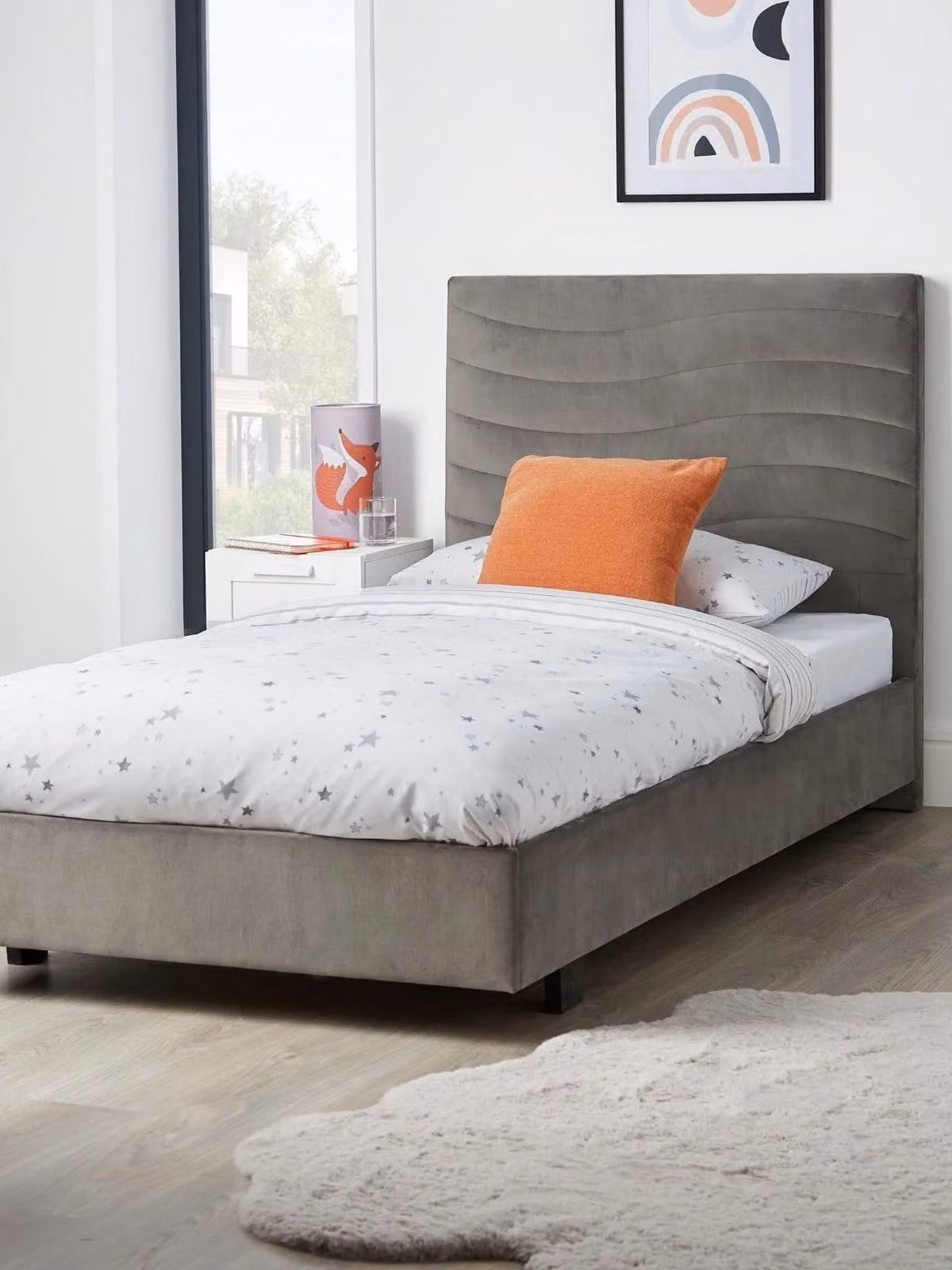 Finn Children's Single Bed in Grey Upholstered Velvet Fabric, 90 x 200 cm
