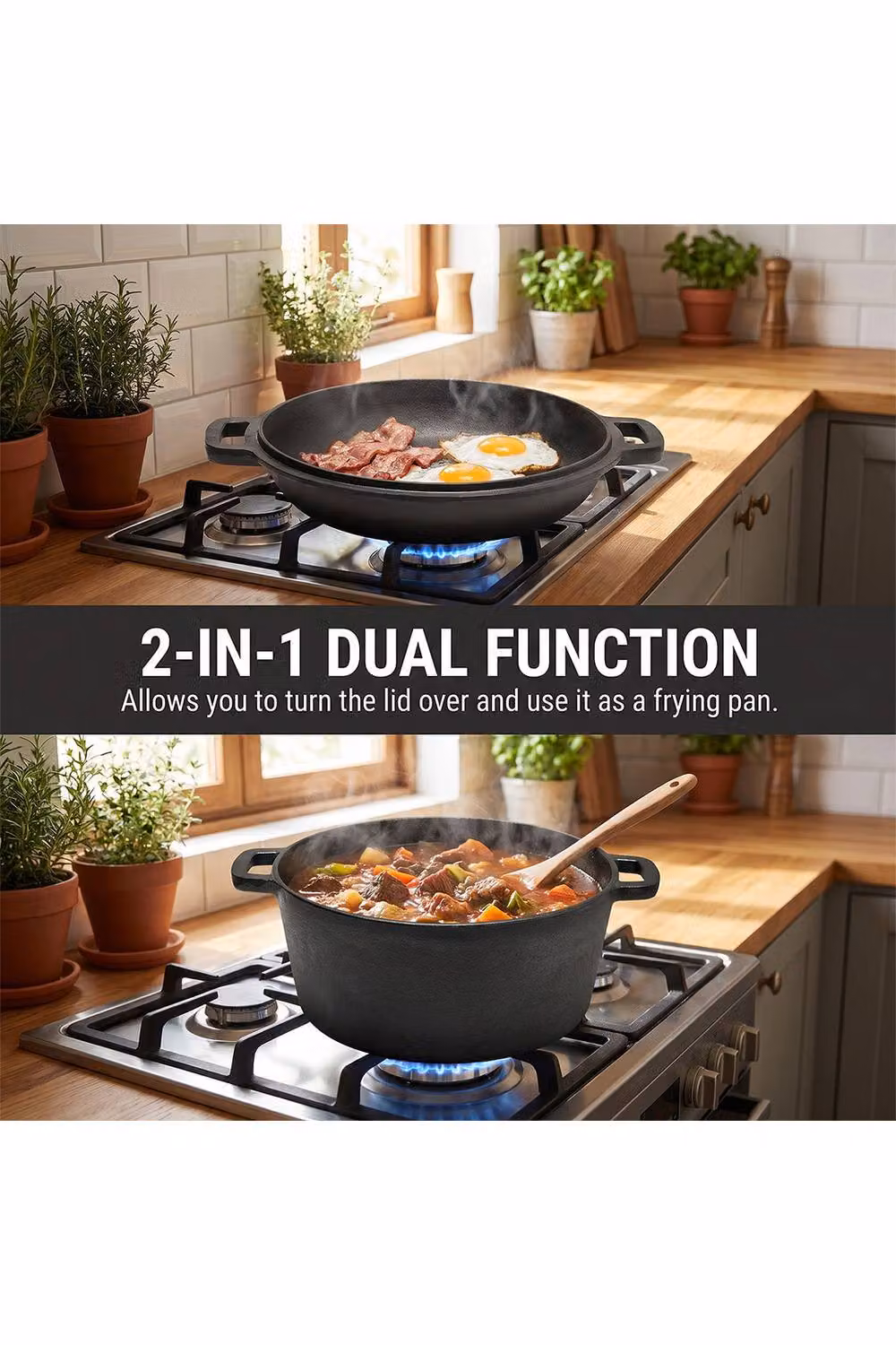 Living and Home 5L Cast Iron 2-in-1 Casserole Dutch Oven with Reversible Lid in Black – 3
