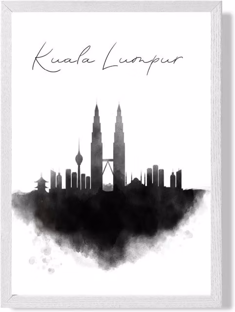 ARTZE Kuala Lumpur Watercolour Skyline City Framed Print, Black and White, A4 (29.7 x 21.0 cm) – 1