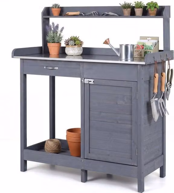 Costway Grey Wooden Garden Potting Bench Table with Lockable Cabinet and Stainless Steel Accents