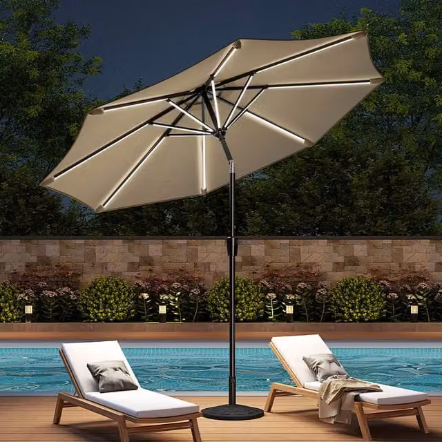 Livingandhome Modern LED Strips Garden Parasol with Floral Base in Beige and White