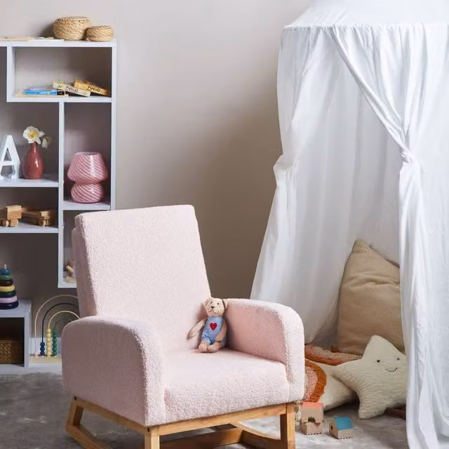 Wyld Haus Kids Rocking Chair in Pink Bouclé Fabric with Armrests and Solid Rubberwood Frame – 1