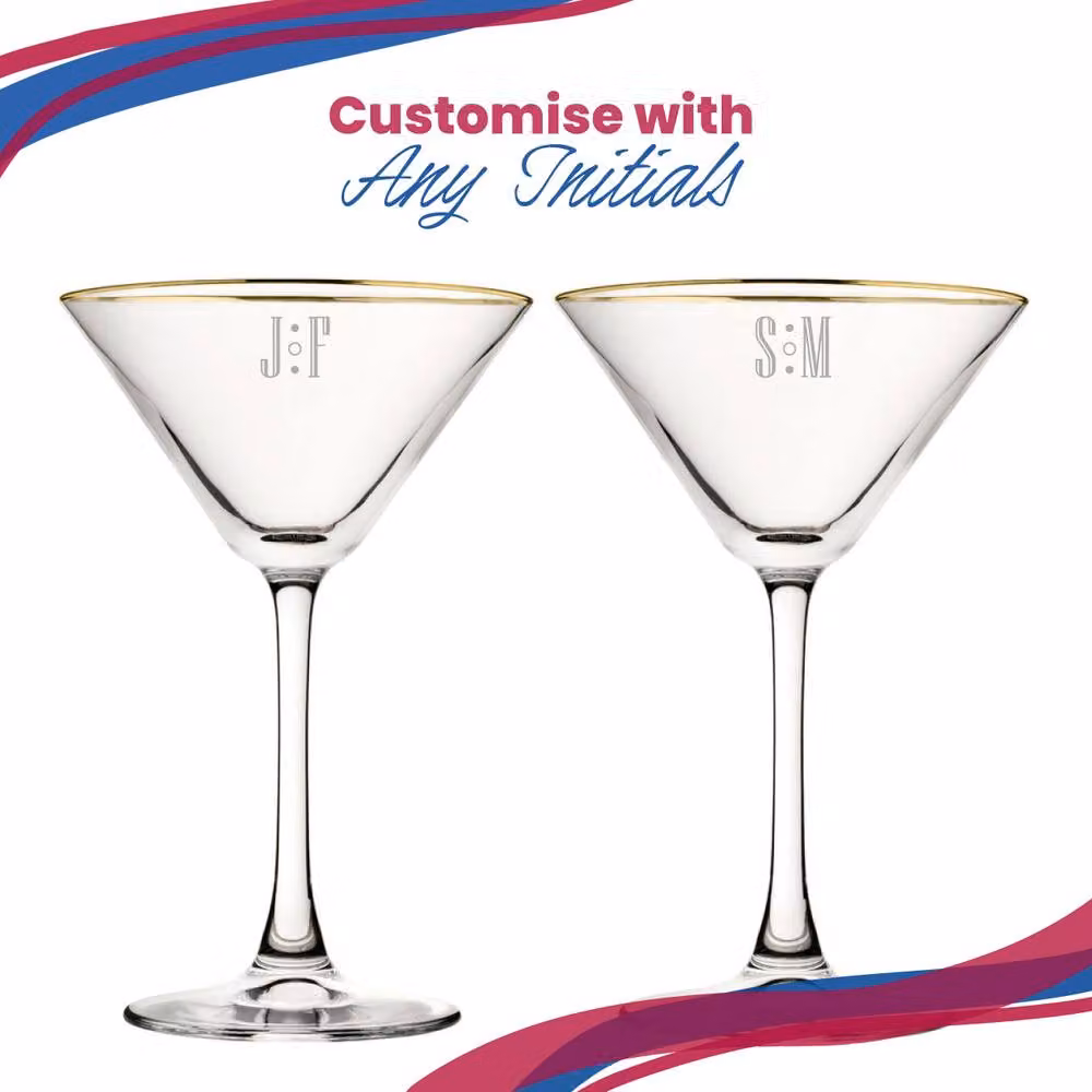Uniqueful Personalised Gold Rim Martini Cocktail Glass with Custom Initials and Name in Transparent Glass – 3