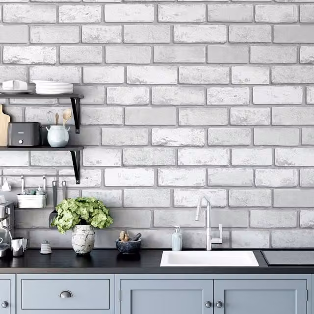 Arthouse Metallic Brick Abstract Geometric Industrial Washable Wallpaper in White and Silver