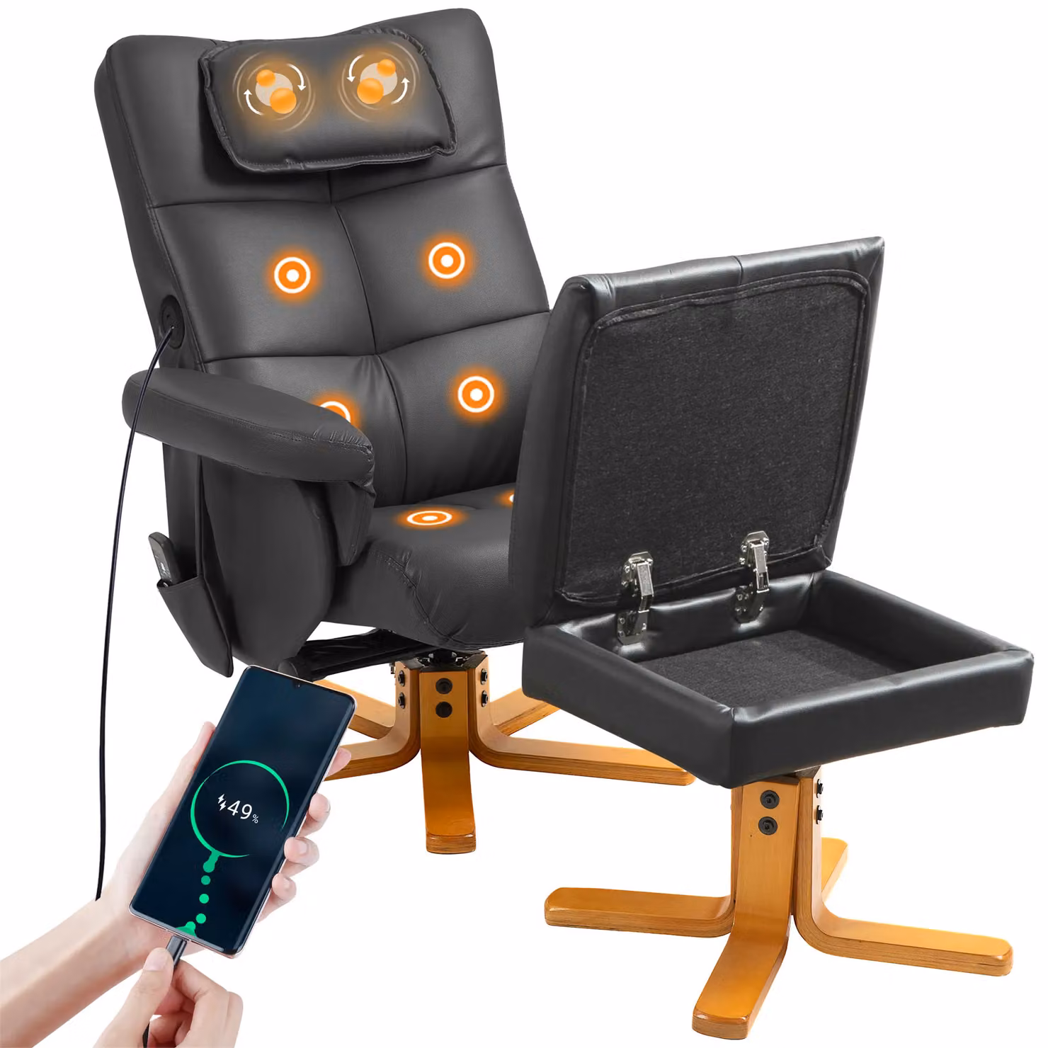HOMCOM Massage Recliner Chair with Ottoman and Hidden Storage in Black Synthetic Leather – 2