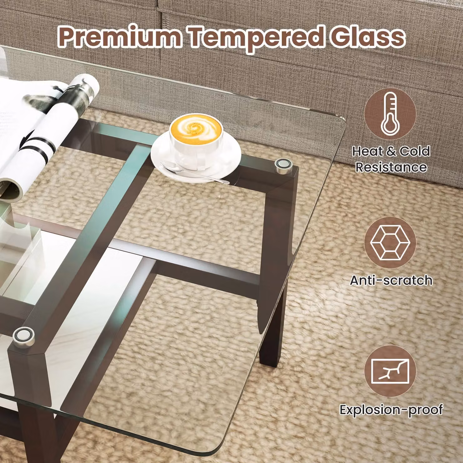 Gymax 2-Tier Glass and Rubberwood Coffee Table with Storage Shelf, Brown – 4