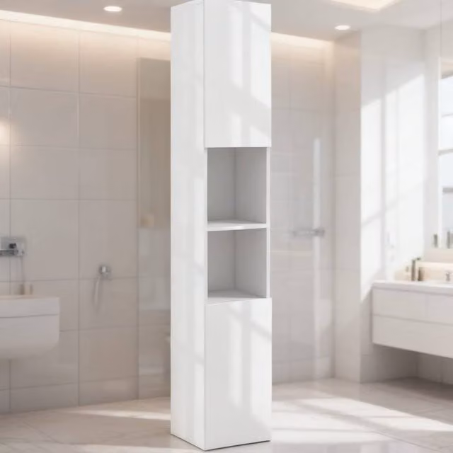 ERGOVEXA White Glossy Freestanding Bathroom Cabinet with Hinged Doors and Internal Shelves, W/D/H: 30 x 30 x 181.5 cm – 1