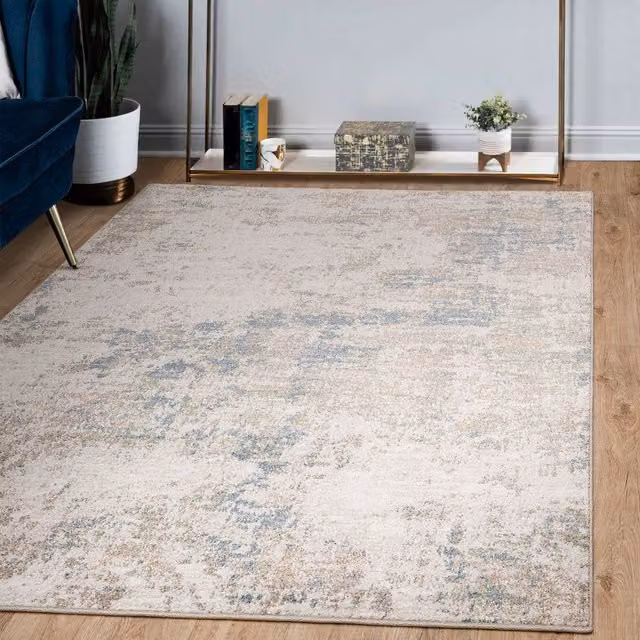 The Rug Edit Opal Abstract Distressed Woven Living Area Rug in Ivory, Blue and Yellow, W: 80 cm, L: 140 cm
