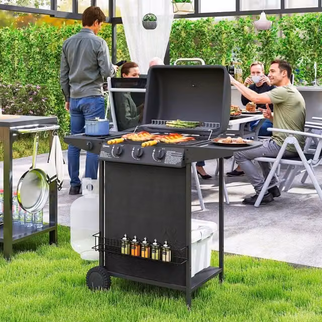 OUTSUNNY 4 Burner Portable Gas Barbecue Grill with Lid, Side Burner, Warming Rack and Thermometer, Black – 1