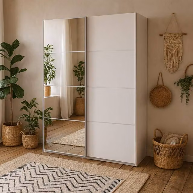 Wyld Haus Bordeaux White Sliding Wardrobe with Full Length Mirror and Internal Shelves, Height: 180 cm