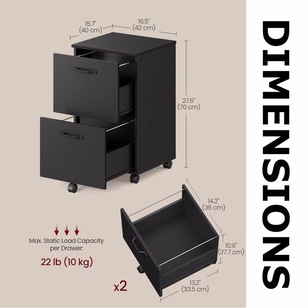 Pirlo Plush 2 Drawer Portable Rolling Filing Cabinet in Black – 4