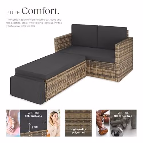 tectake Rattan Garden Furniture Set with 2 Seater Sofa and Ottoman in Brown and Grey with Powder Coated Steel Frame and UV-Resistant Cushions – 3