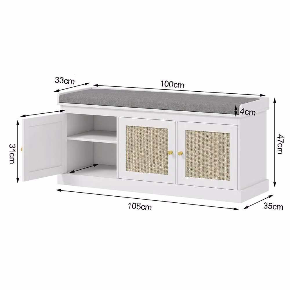 ERGOVEXA White Shoe Storage Bench with Woven Rattan Doors and Fabric Cushion Seat – 2