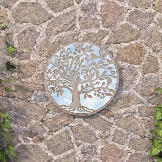 Berkfield Round Metal Garden Wall Mirror in Sand Beige, Diameter: 40 cm, Depth: 2.5 cm – 1
