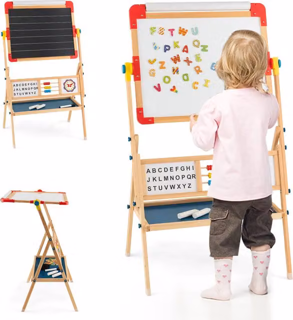 Costway 3-in-1 Kids Double Sided Painting Easel in Natural and Brown