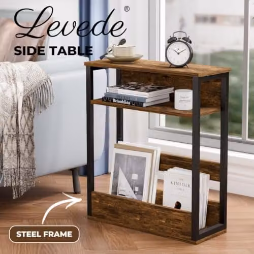 Levede Vintage Brown 3-Tier Side Table with Storage Shelf, Height: 55 cm, Width: 40 cm, Depth: 18 cm – 7