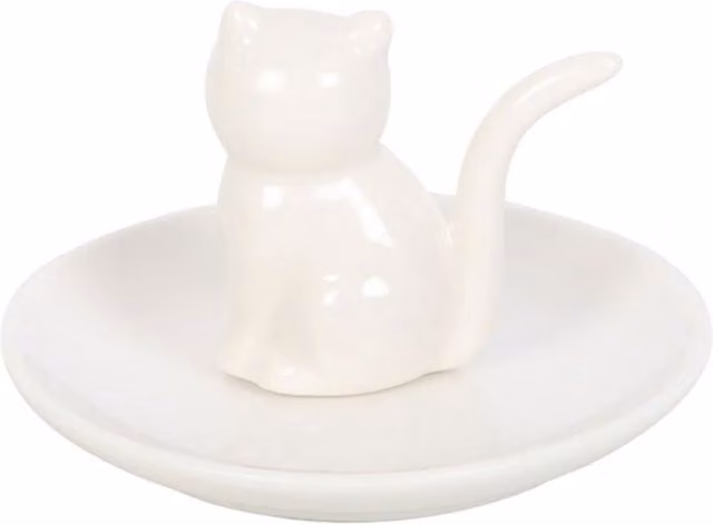 KDMK Sitting Cat Ceramic Trinket Dish and Jewelry Ring Holder in White